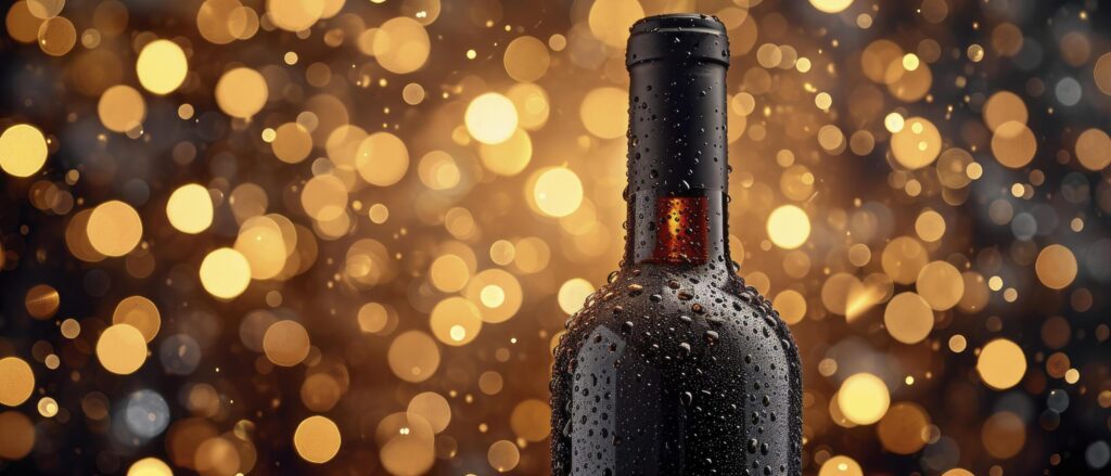 Close-Up of a Classic Bottle with Glistening Condensation, Amidst a Festive Celebration. Blurred Lights and Bokeh Effect Enhance the Atmosphere of Celebration. Free Photo