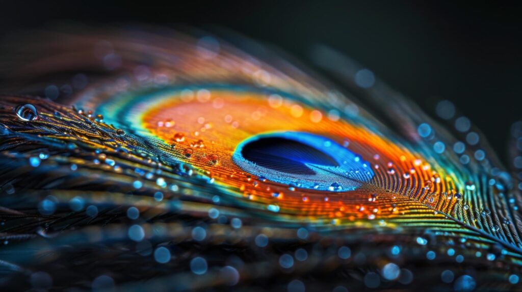 Close-Up of a Peacock Tail With Water Droplets Free Photo