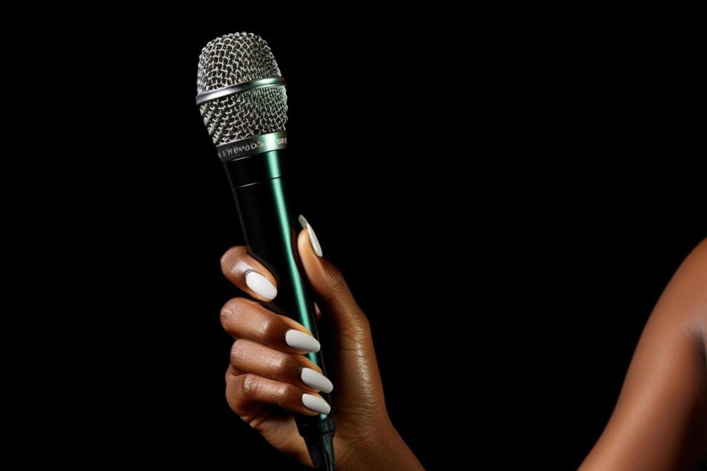 AI generated close up of hand holding microphone bokeh style background Stock Free