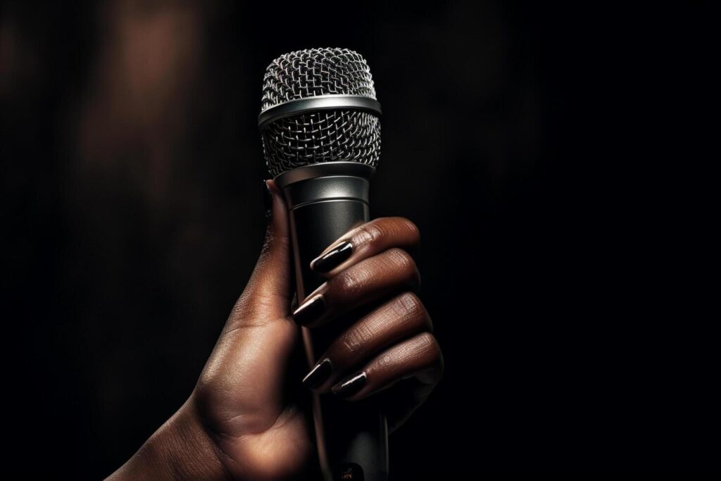 AI generated close up of hand holding microphone bokeh style background with generative ai Stock Free