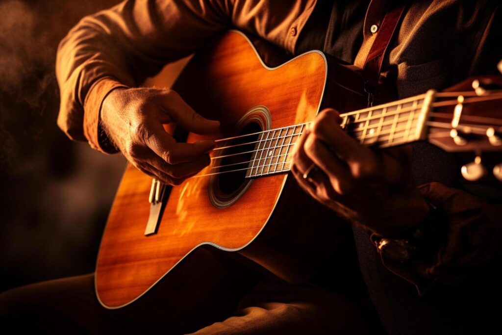 AI generated close up of hand playing acoustic guitar bokeh style background Stock Free