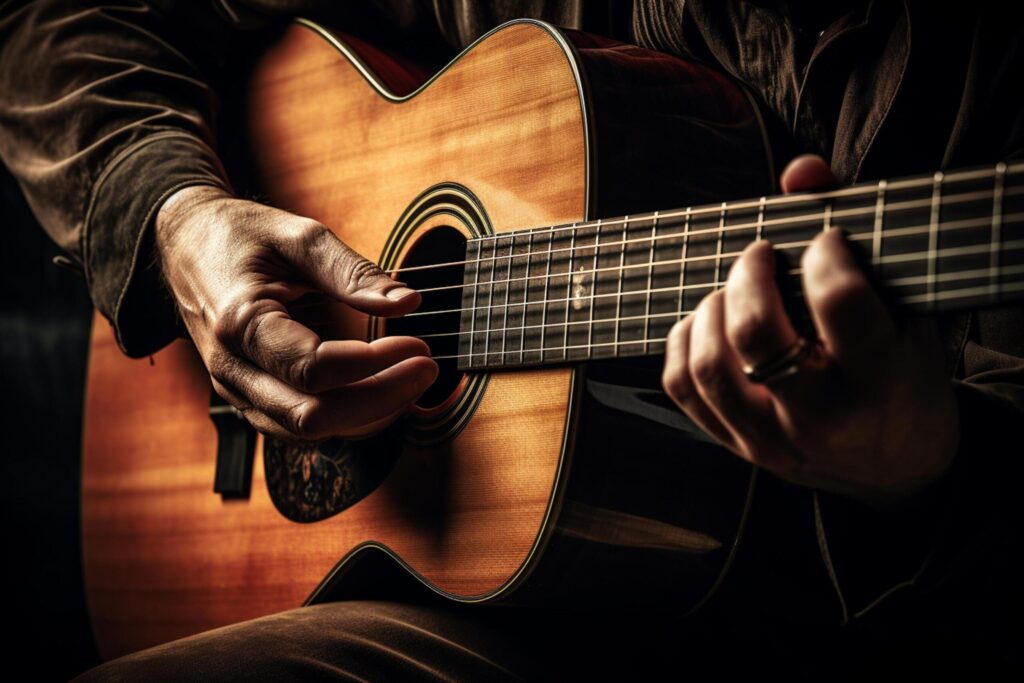 close up of hand playing acoustic guitar Free Photo