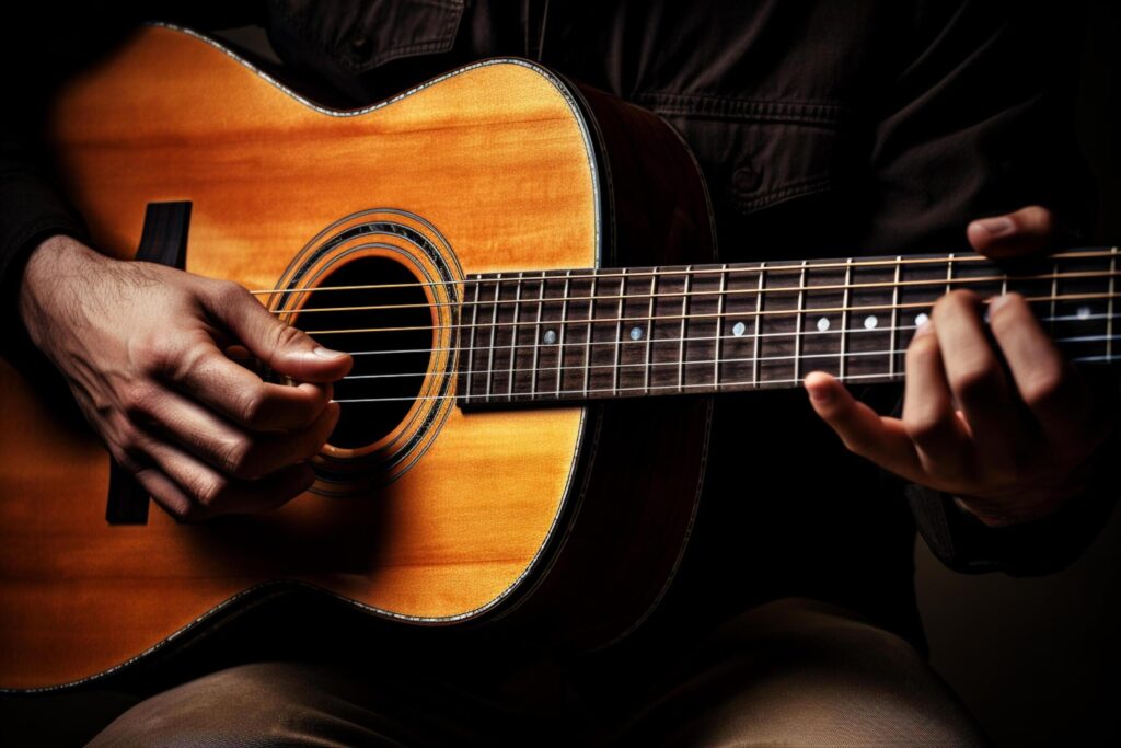 close up of hand playing acoustic guitar with generative ai Free Photo