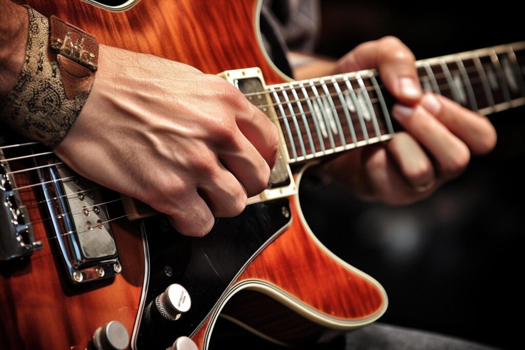 close up of hand playing electric guitar Free Photo