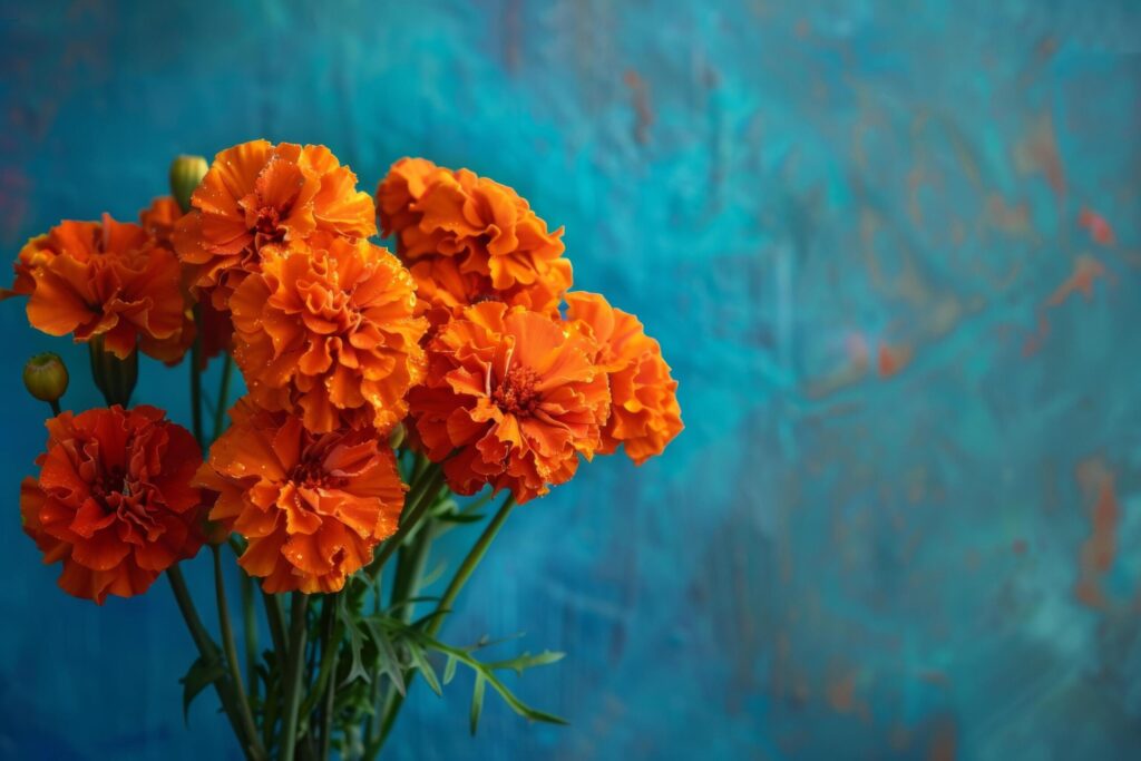 Close Up of Orange Marigolds on Turquoise Background Free Photo