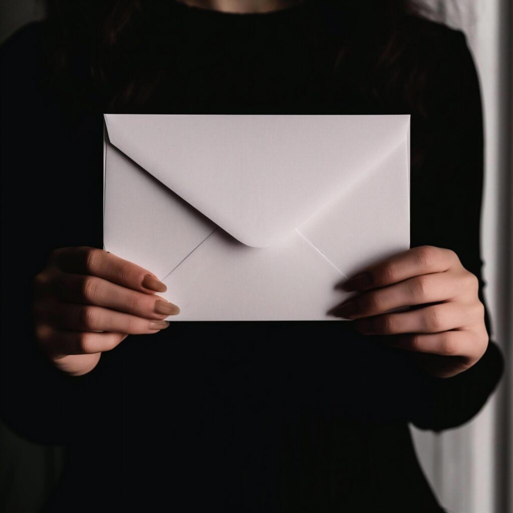 Close up of woman holding a white envelope with blank space for text Free Photo