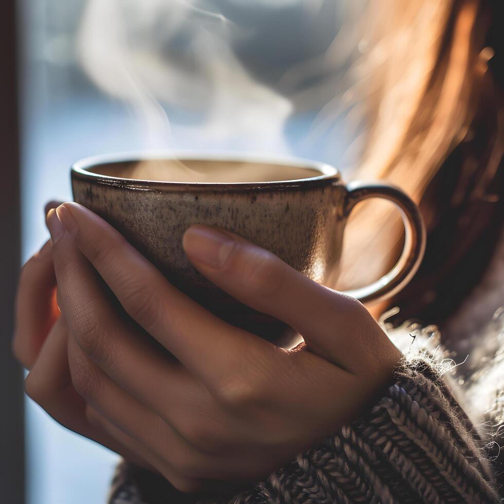 AI generated Close-up of woman’s hand holding a cup of hot espresso coffee with smoke standing by the window at home. Woman filling mug with hot fresh coffee in a morning. Close up shot Stock Free