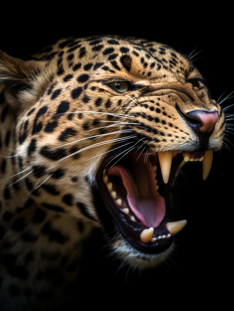 close up portrait of a leopard with a roaring expression. generative ai Free Photo