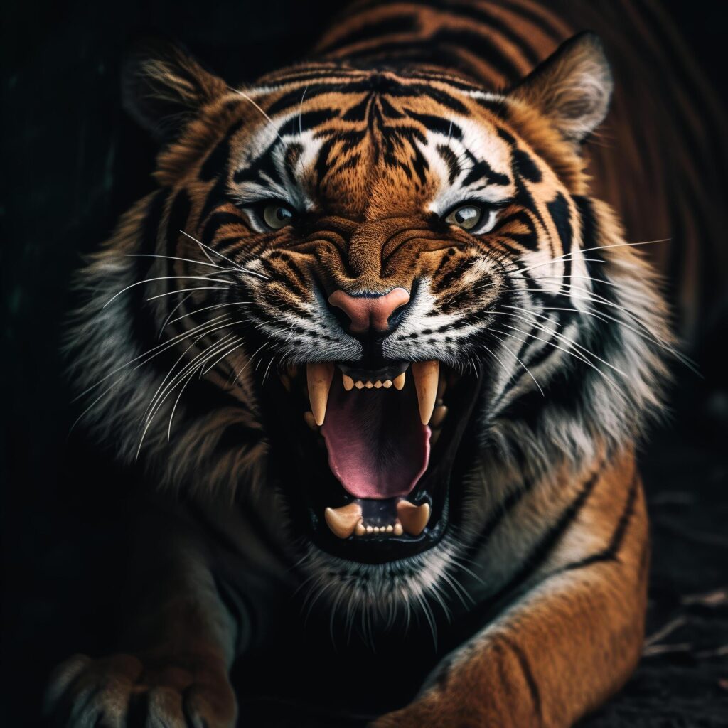 close up portrait of a roaring tiger, generative ai Free Photo