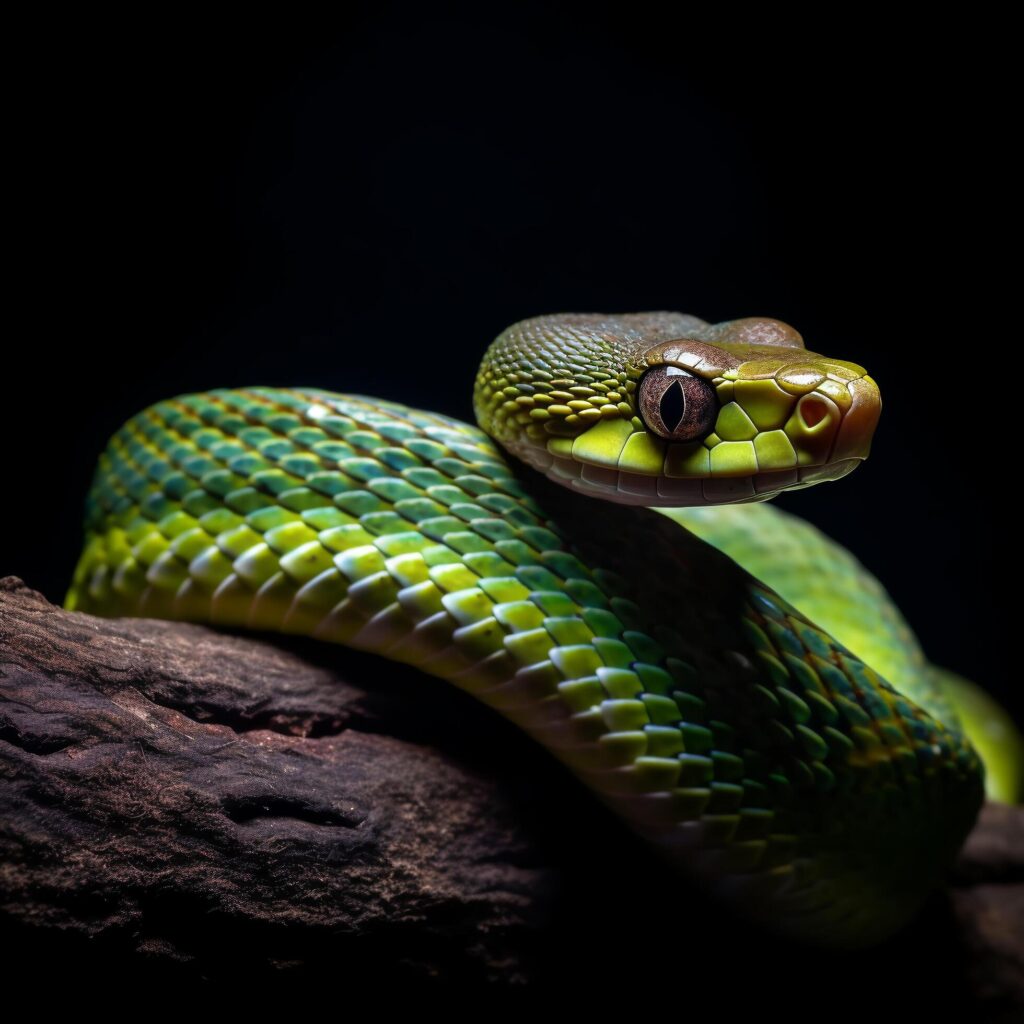 close-up portrait of green snake on black background, generative ai Free Photo