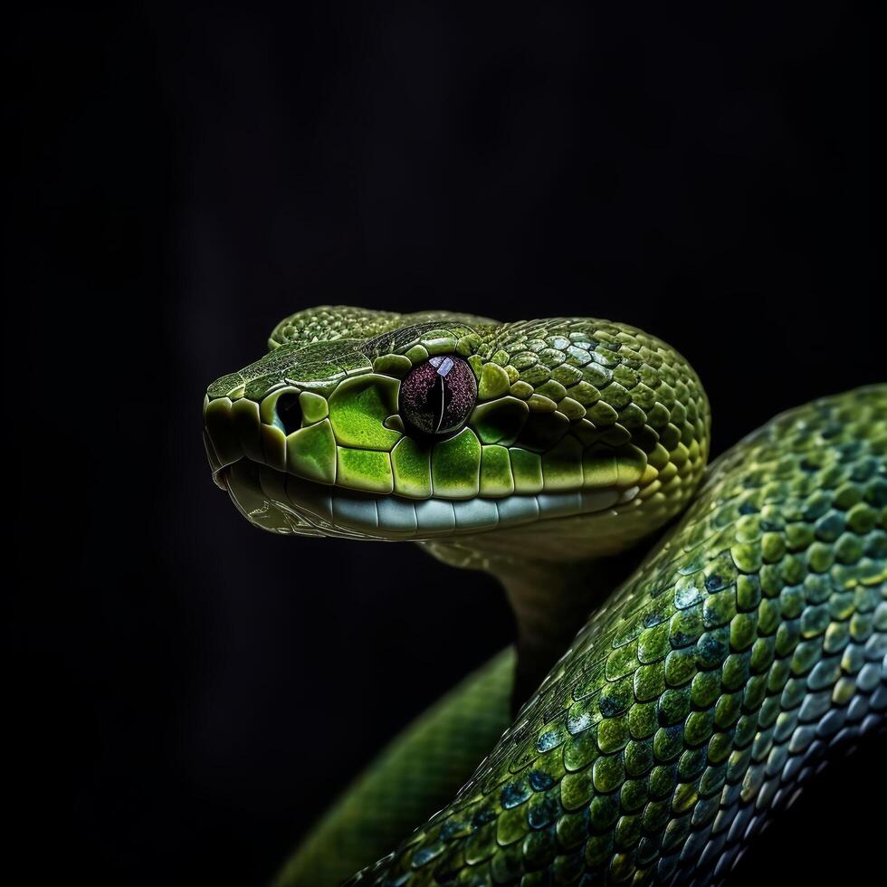 AI generated close-up portrait of green snake on black background, generative ai Stock Free