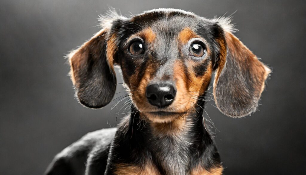 Close up shot of a dachshund, brown dog in a plain black and white background Free Photo