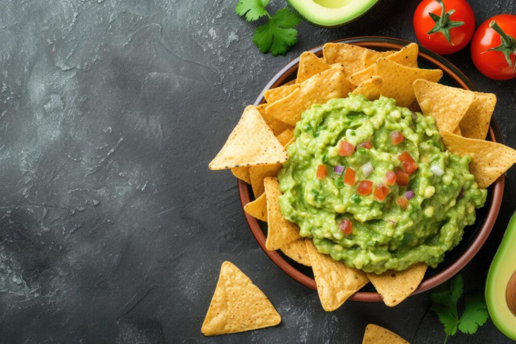 Closeup avocado guacamole dip with tortilla chips nachos Free Photo