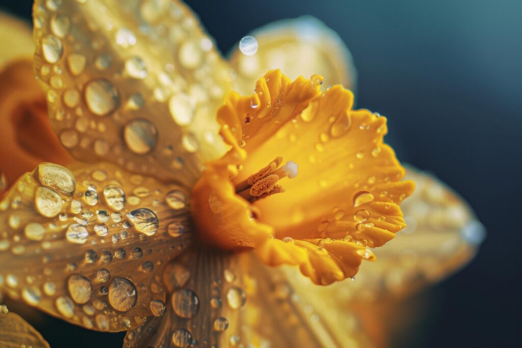 Closeup of a Dew-Kissed Golden Daffodil Free Photo