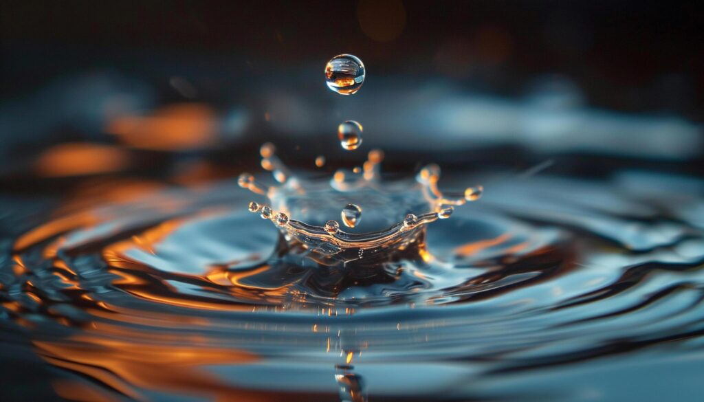 Closeup of a water drop splash in in a pond during golden hour sunset. Macro shot, orange and yellow tones, refreshing beautiful nature, surface tension, ripples Free Photo