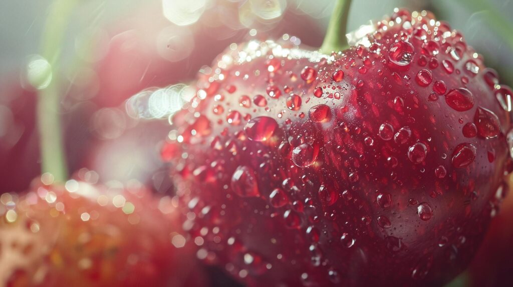 closeup of fresh red cherry dotted with water drops Free Photo