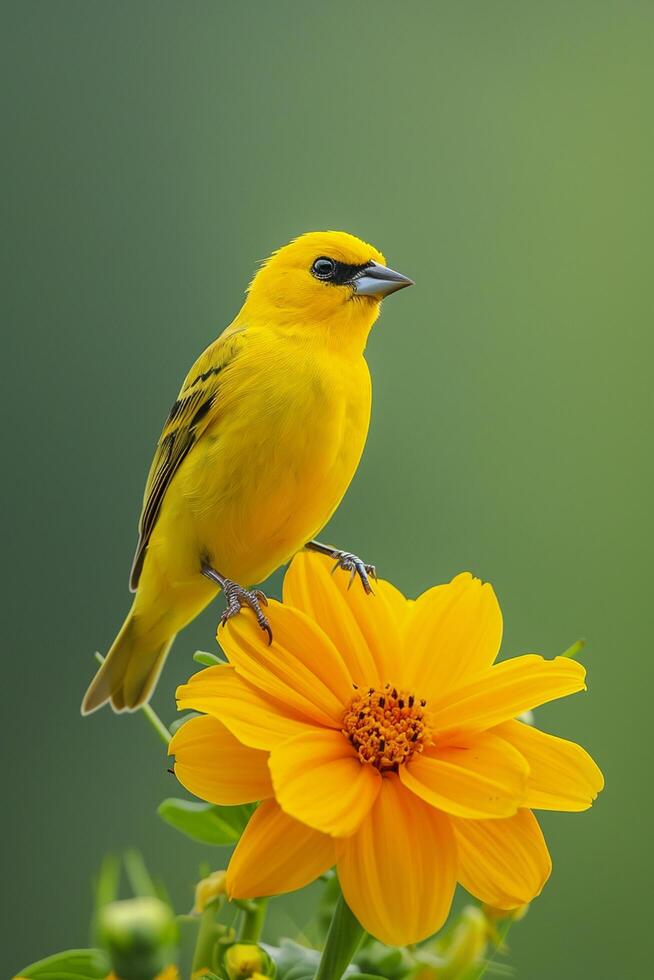 AI generated photo closeup shot of yellow bird perched on a log on smooth green background Ai generated Stock Free