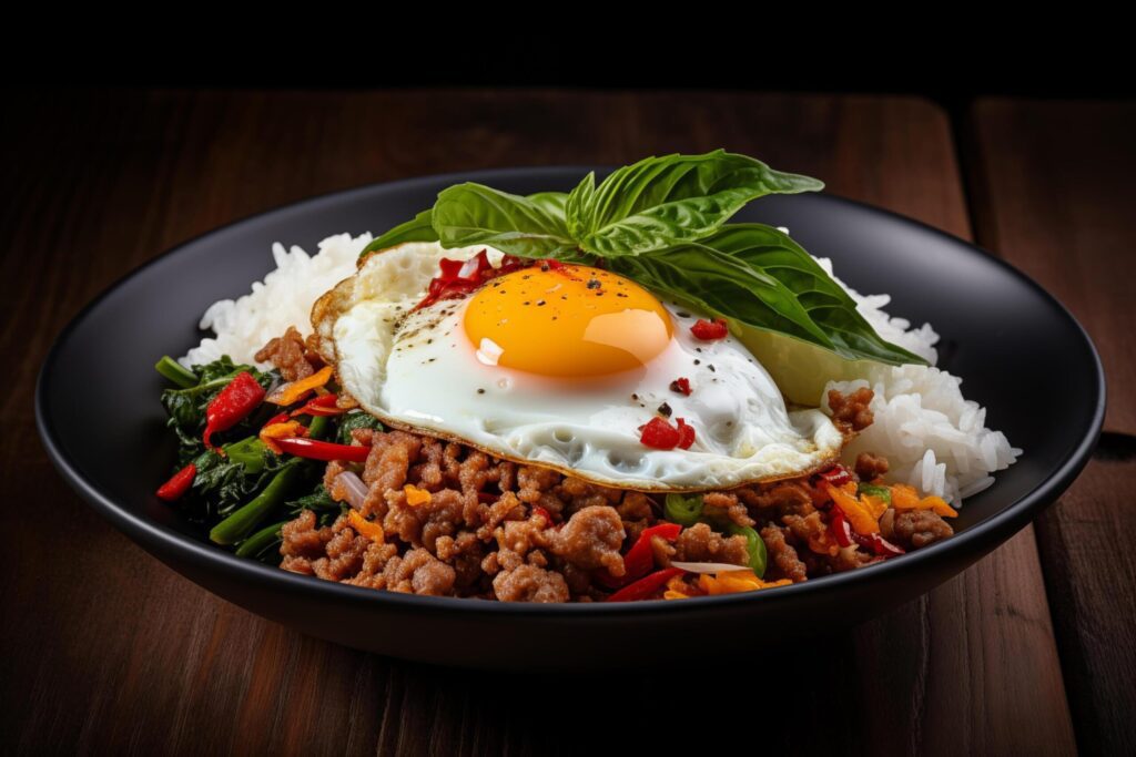 Closeup Stir fried minced pork, chili and Thai basil leaves spicy with fried eggs on topped rice, Local food street menu in Thailand Free Photo