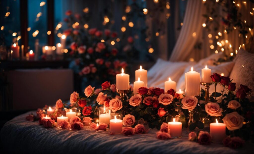 Closeup view on a bunch of red roses on the bed. Against the background of burning candles. The atmosphere is cozy and beautiful. Free Photo