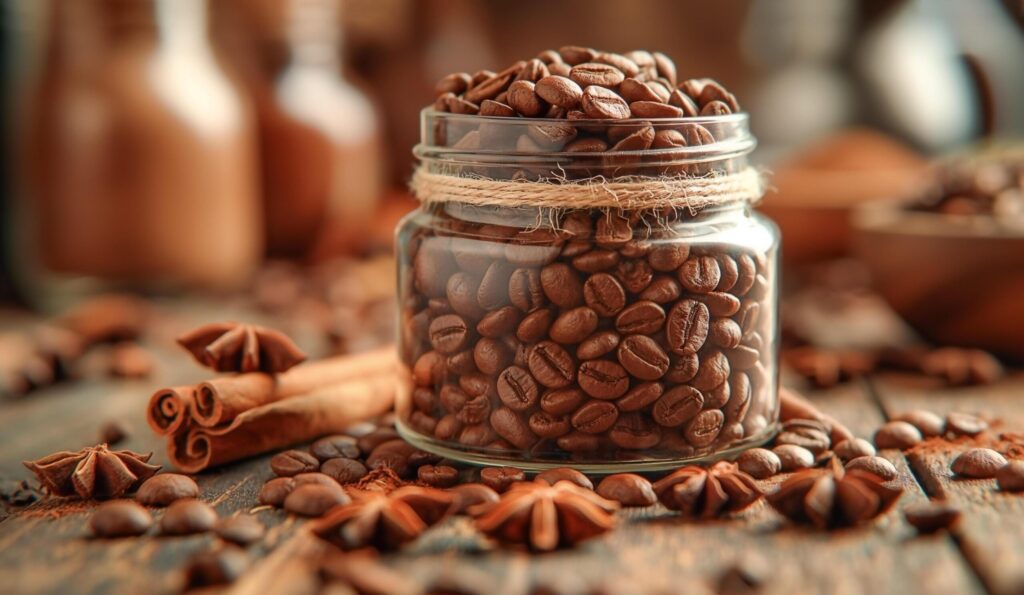 coffee beans in a jar on a wooden table Free Photo