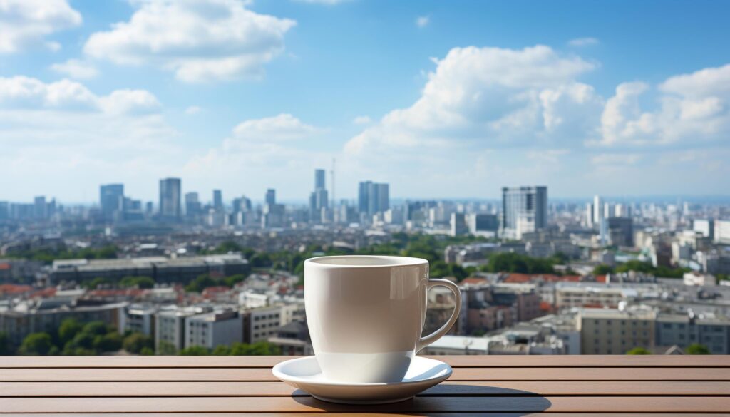 Coffee cup on table, cityscape backdrop, urban relaxation generated by AI Free Photo