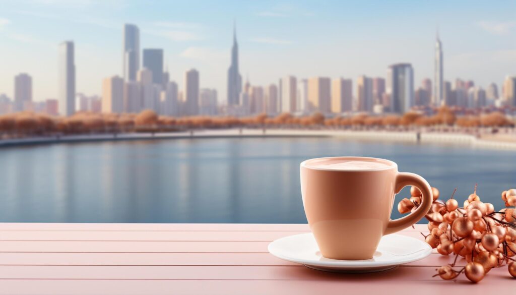 Coffee cup on table, cityscape backdrop, urban skyline freshness generated by AI Free Photo