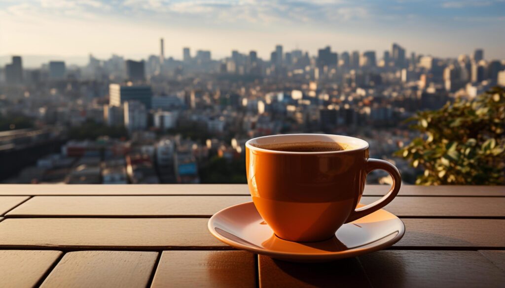 Coffee cup on table, cityscape background, enjoying outdoor relaxation generated by AI Free Photo