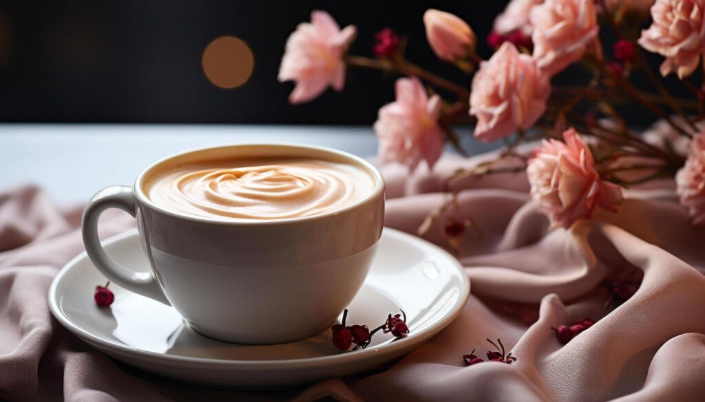 Coffee cup on table, heat, freshness, cappuccino, backgrounds, milk, saucer generated by AI Free Photo