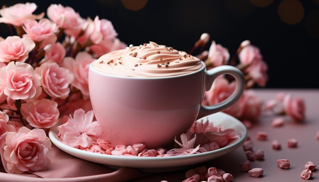 Coffee cup on table, surrounded by flowers, dessert, and chocolate generated by AI Free Photo