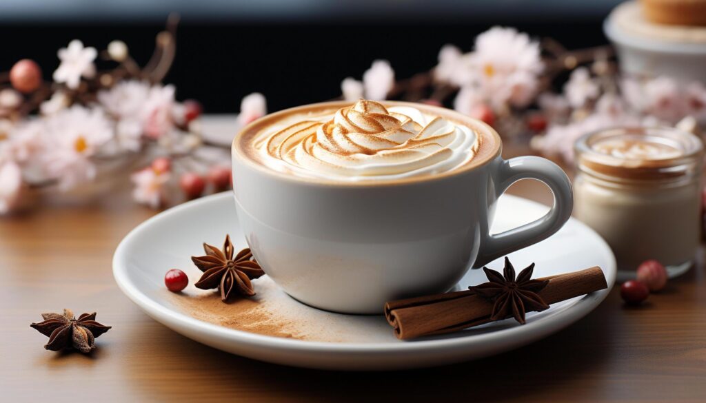 Coffee cup on wood table, frothy cappuccino with latte art generated by AI Free Photo