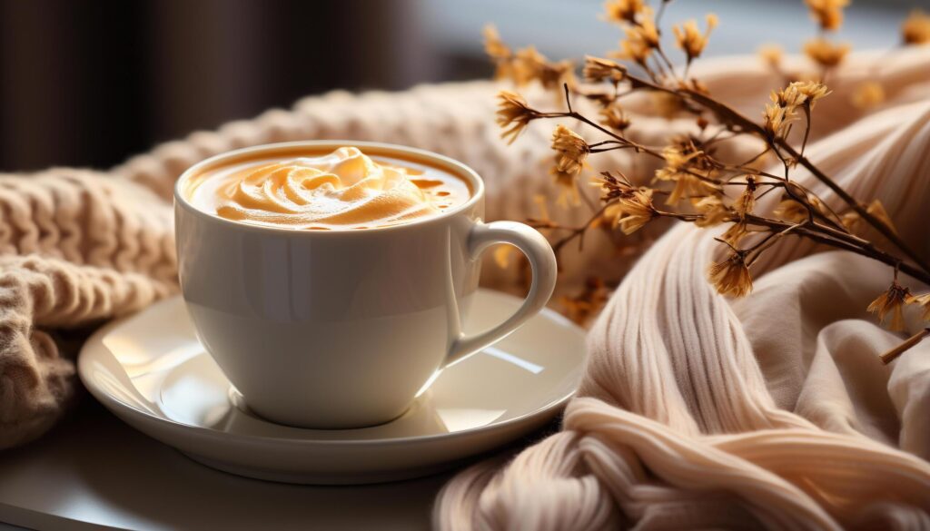 Coffee cup on wood table, frothy drink brings relaxation generated by AI Free Photo