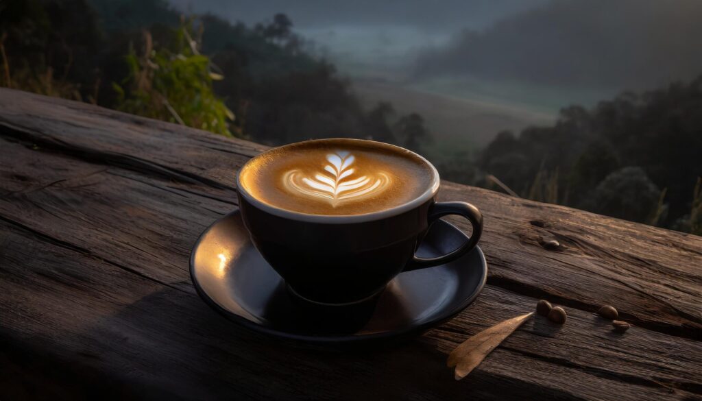 Coffee cup with latte art on a dark rustic wooden table on a gloomy day Free Photo