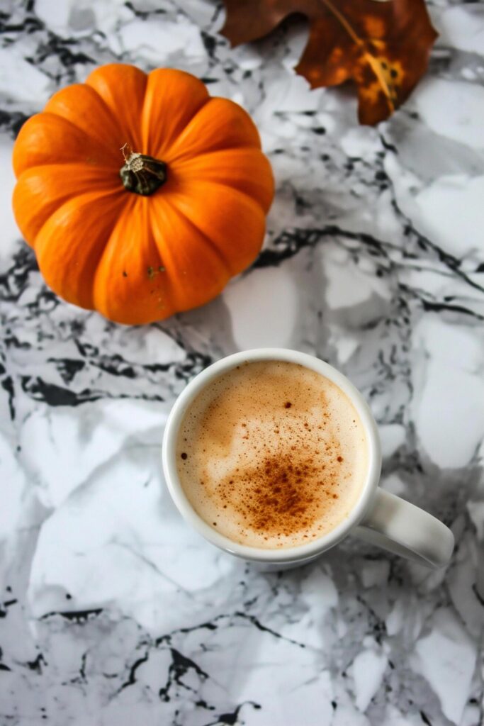 Coffee cup with pumpkin on white marble background, top view Free Photo