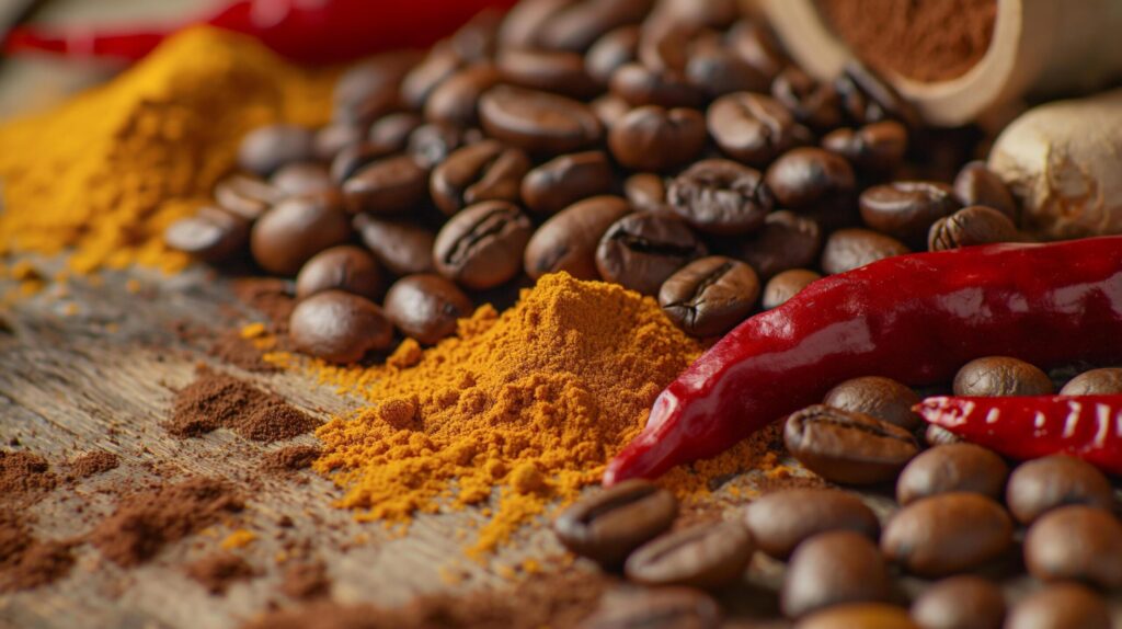 coffee, spices and chili peppers on a wooden table Free Photo