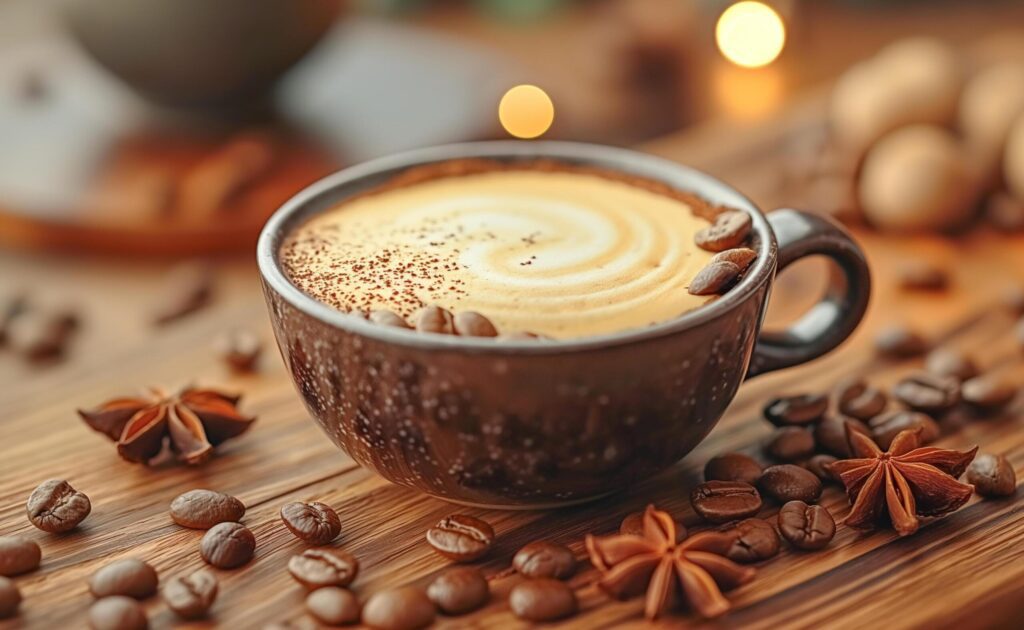 coffee with cinnamon and star anise on a wooden table Free Photo