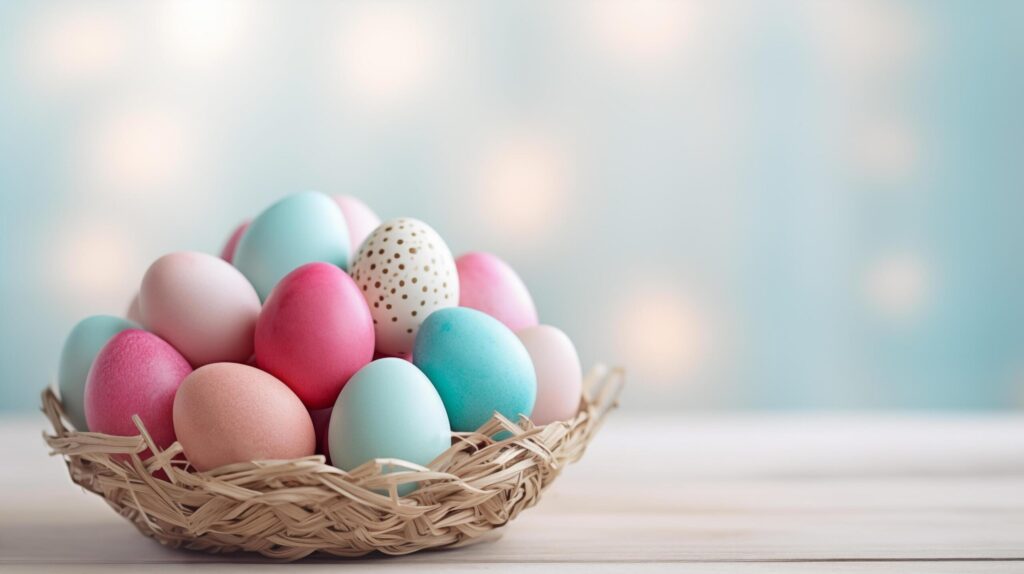 Colored eggs in the wicker basket on wood bckground. Free Photo