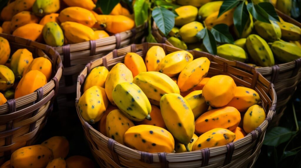 Colorful and ripe pawpaws presented in appealing and abundant baskets Free Photo