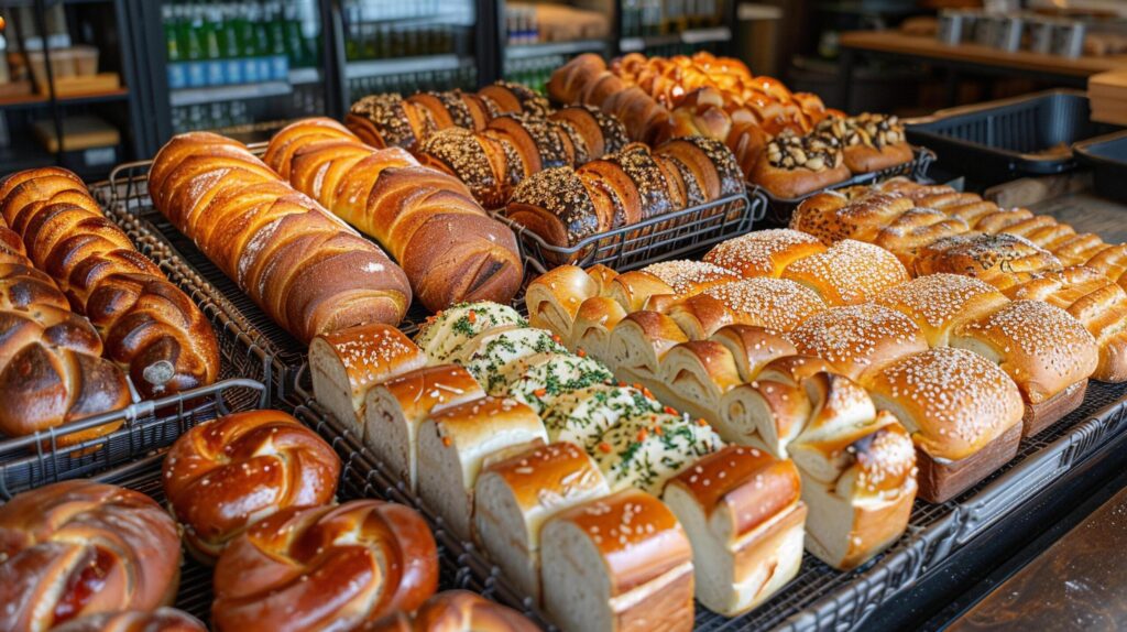 Colorful assortment of artisanal bread loaves at a bakery Free Photo