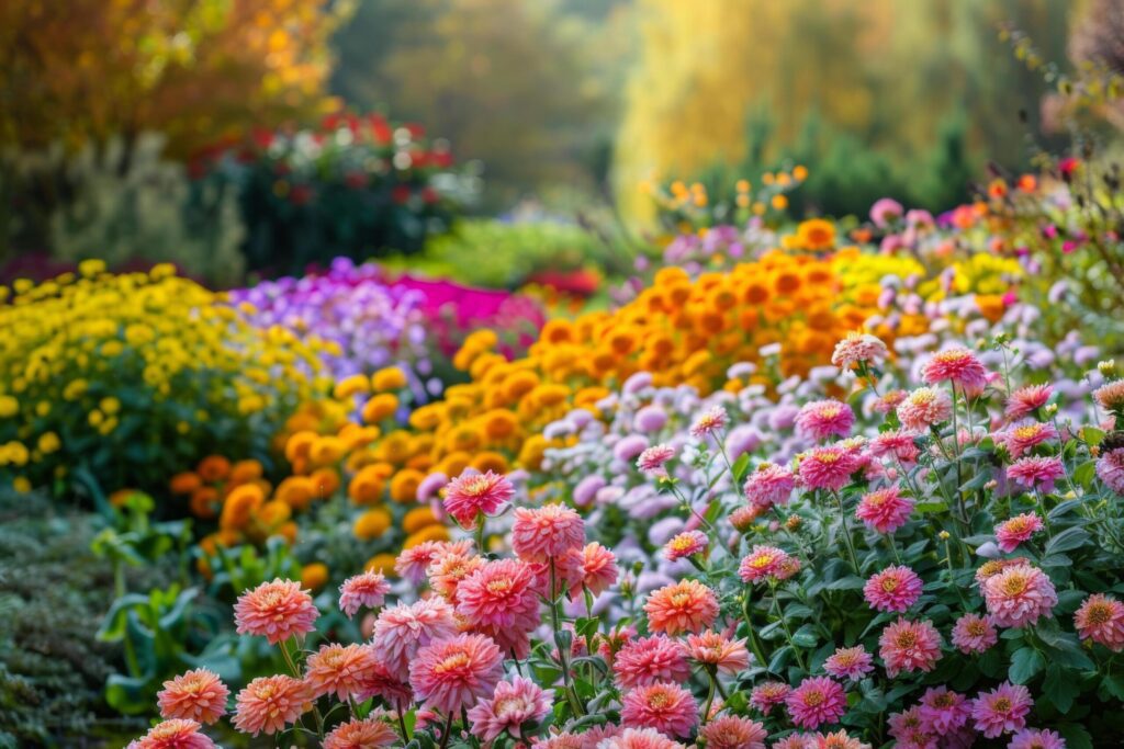 Colorful Chrysanthemum Display in Autumn Garden Setting Free Photo