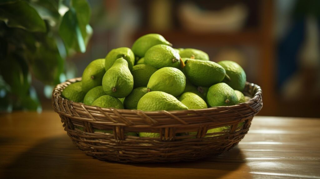 Colorful display feijoas in a woven basket Free Photo