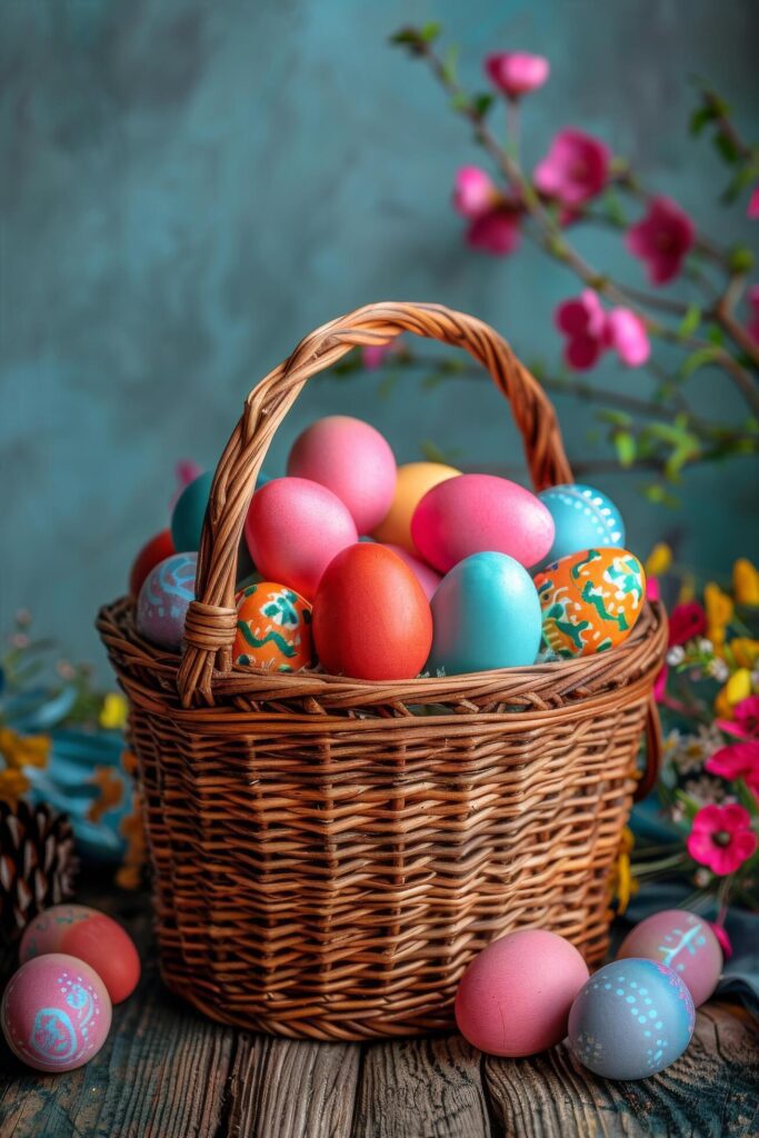 Colorful Eggs in Basket on Table Free Photo