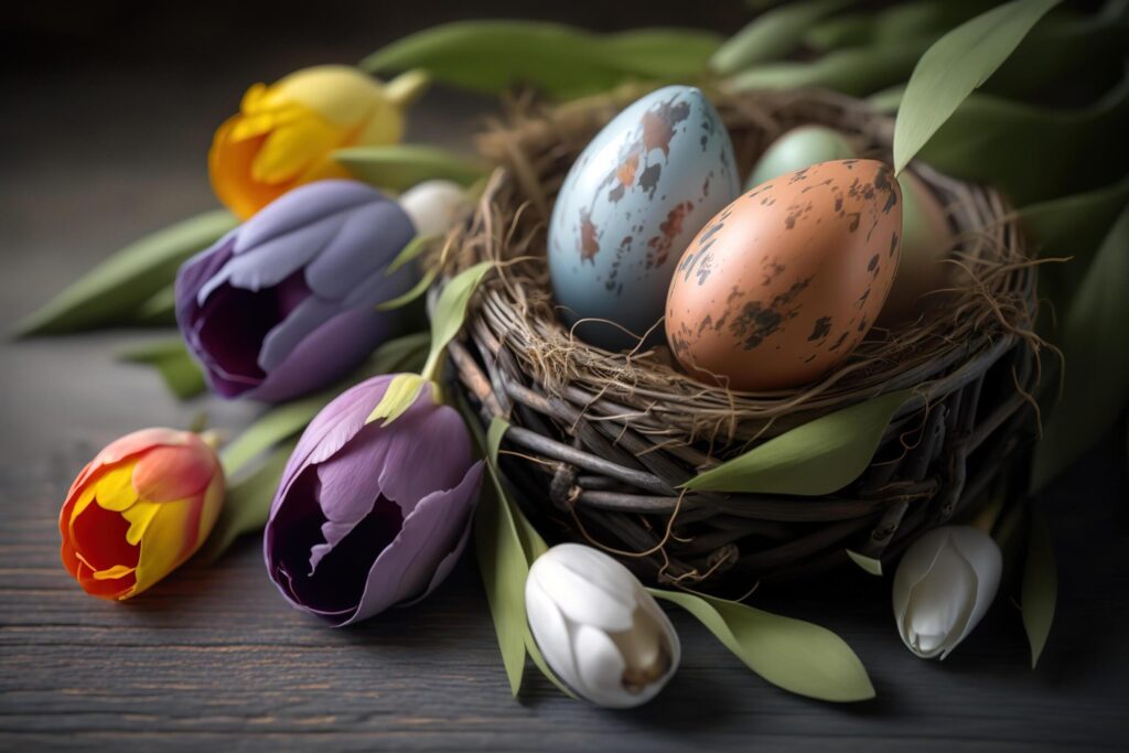 Colorful pockmarked easter eggs in bird nest with colorful tulips on wooden table. Greeting card for Easter holidays. Free Photo