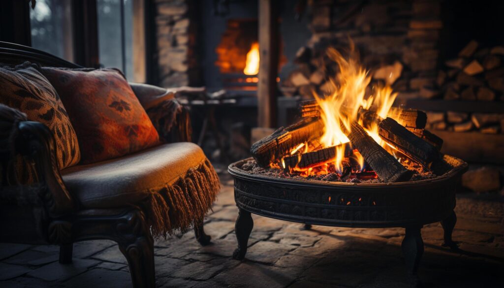 Comfortable chair by glowing bonfire, cooking meal on old fashioned grill generated by AI Free Photo