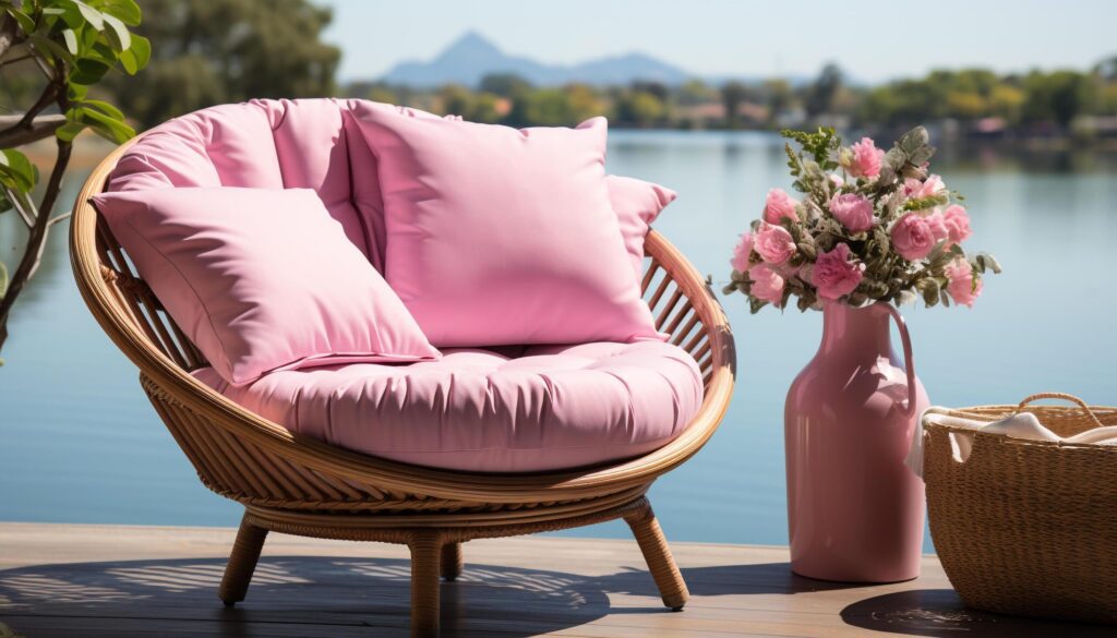 Comfortable chair in nature, surrounded by flowers and green grass generated by AI Free Photo