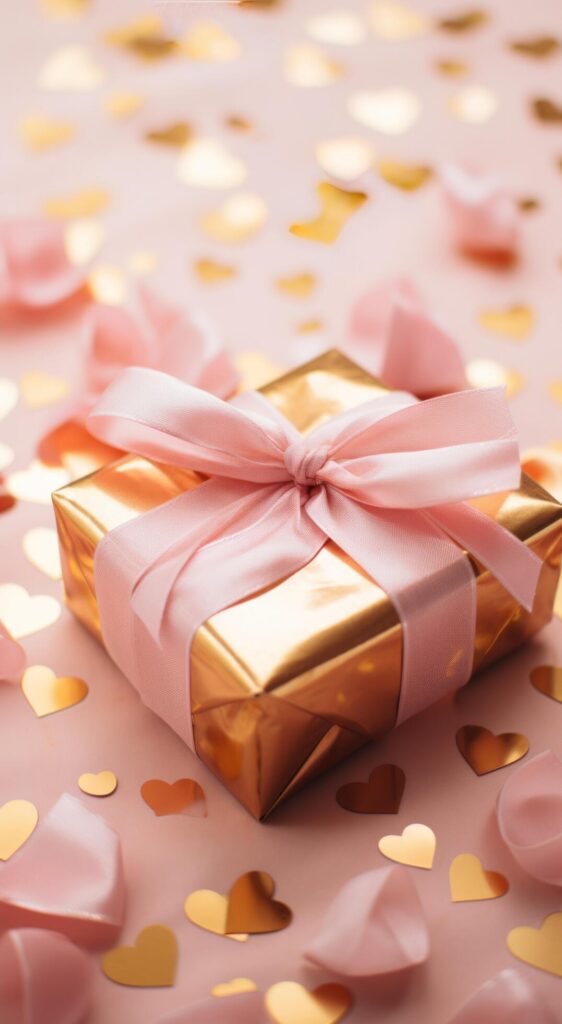 confetti with gold hearts and presents on a pink background Free Photo