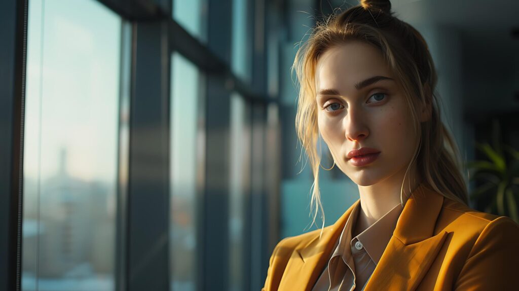 Confident Businesswoman Embraces Determined Moment in Modern Office Framed by Bright Window Backdrop Free Photo