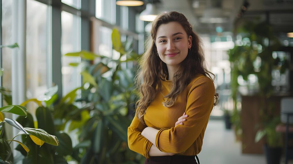 Confident Businesswoman Embraces Modern Office Environment Radiating Confidence in Medium Shot Free Photo