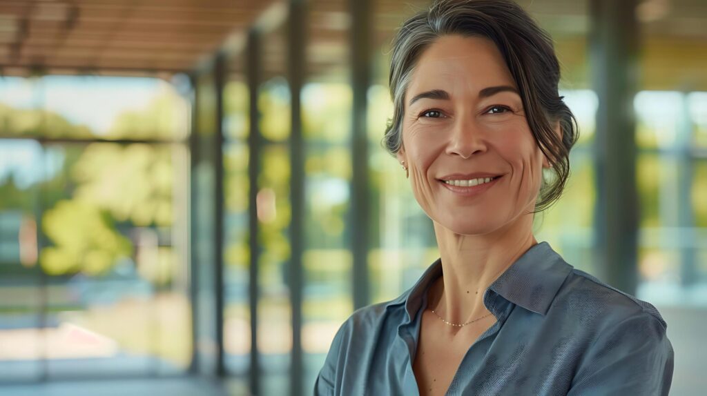 Confident Businesswoman Embraces Warmth and Professionalism in Modern Office Setting Free Photo