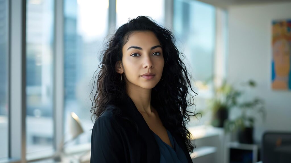 Confident Businesswoman Stands in Modern Office Gazing Ahead with Determined Expression Free Photo