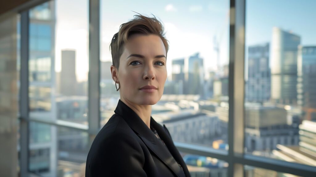 Confident Businesswoman Strategically Holds Tablet in Modern Office Overlooking City Skyline Free Photo